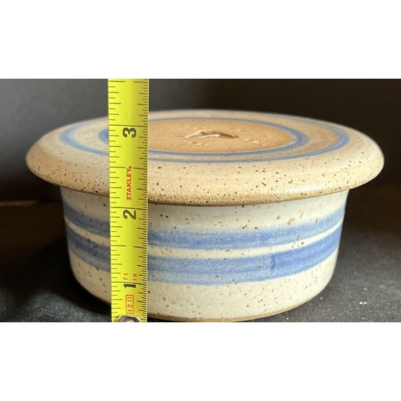 Blue stripe stoneware crock with lid with sail boat  6” X 2.5” - Picture 8 of 11